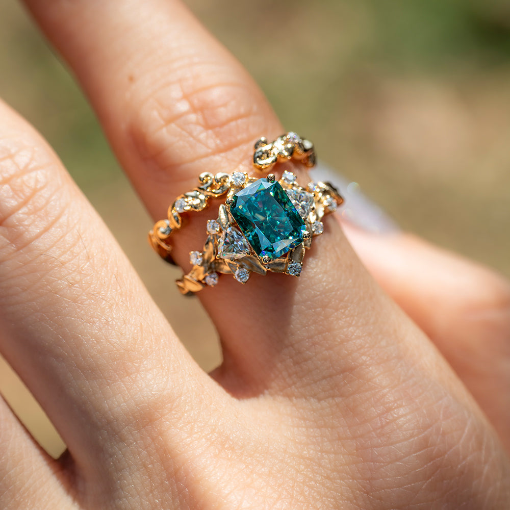 Teal Blue Moissanite Stacking Ring Set