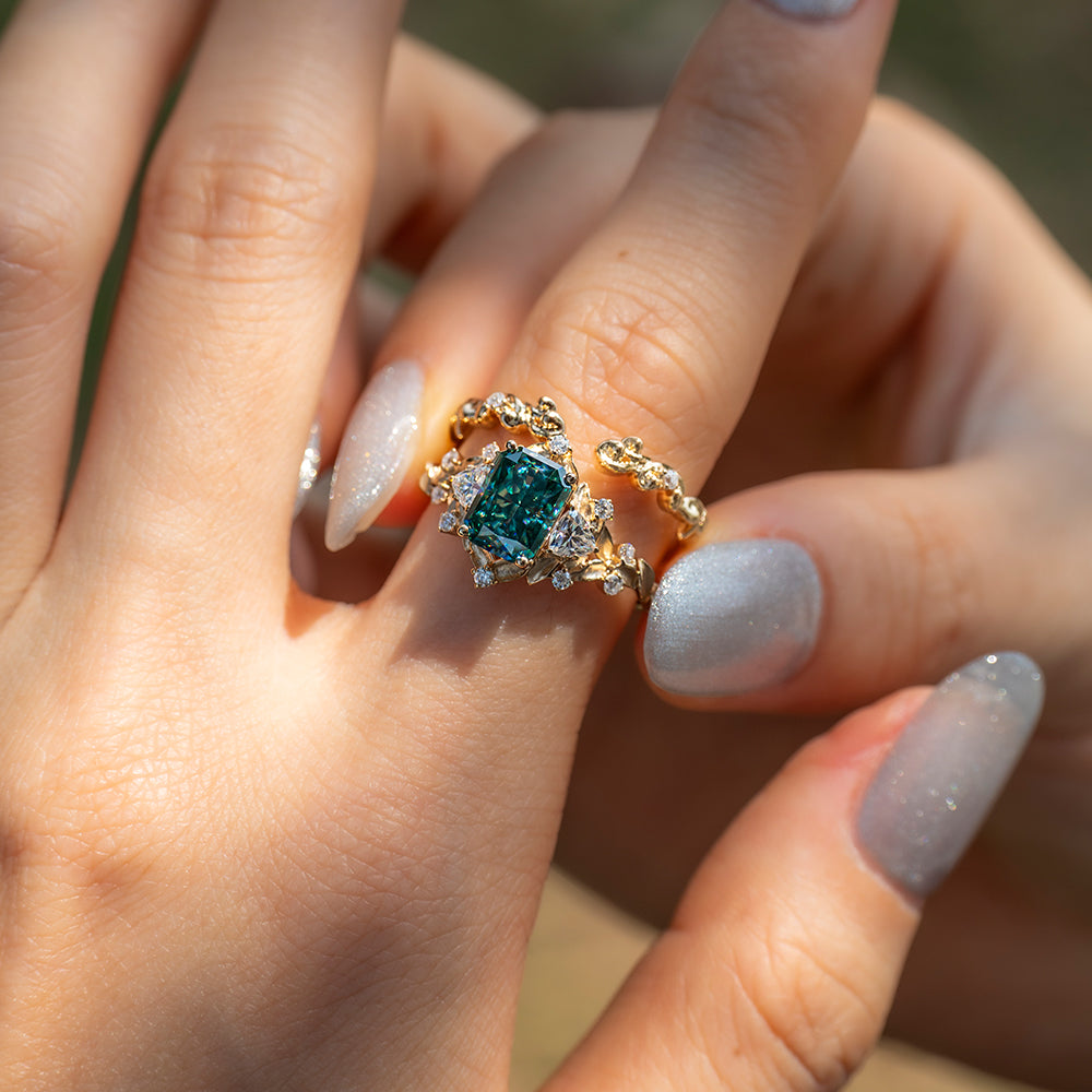 Teal Blue Moissanite Stacking Ring Set