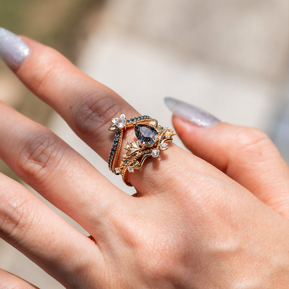 Moss Agate and Teal Sapphire Stacking Ring Set