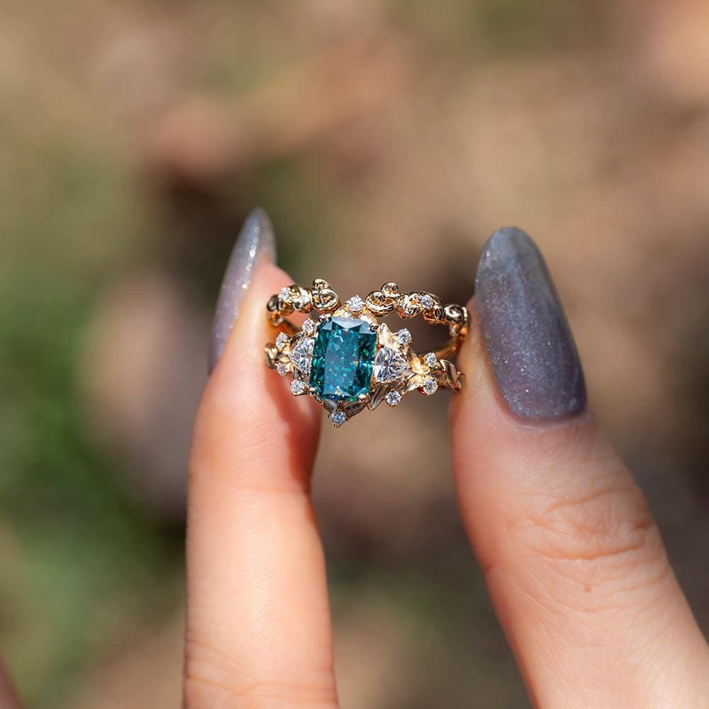 Teal Blue Moissanite Stacking Ring Set