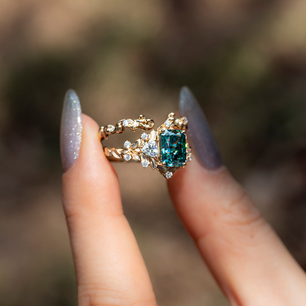 Teal Blue Moissanite Stacking Ring Set