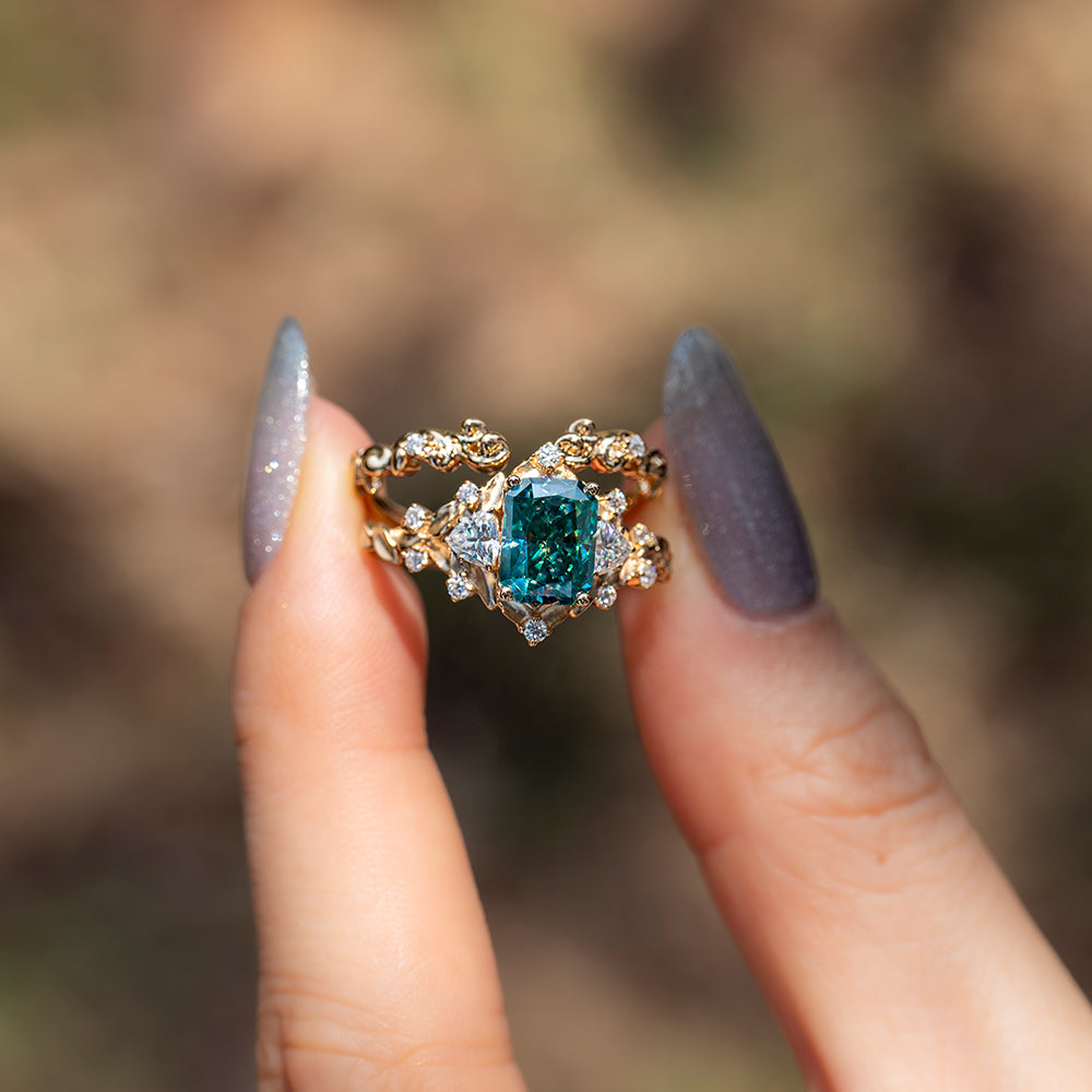 Teal Blue Moissanite Stacking Ring Set