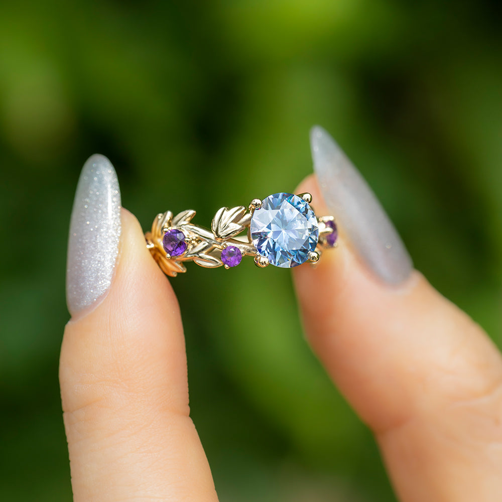 Gray Round with Amethyst Moissanite Ring