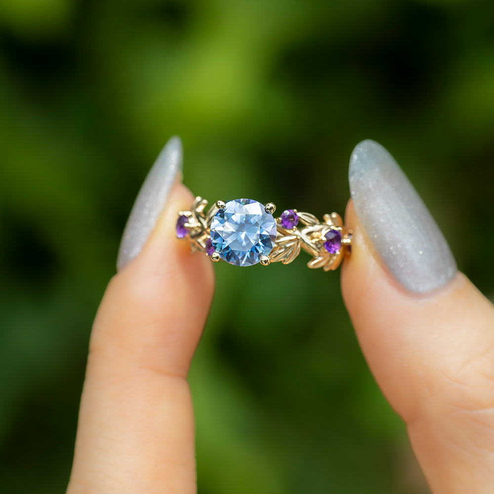 Gray Round with Amethyst Moissanite Ring