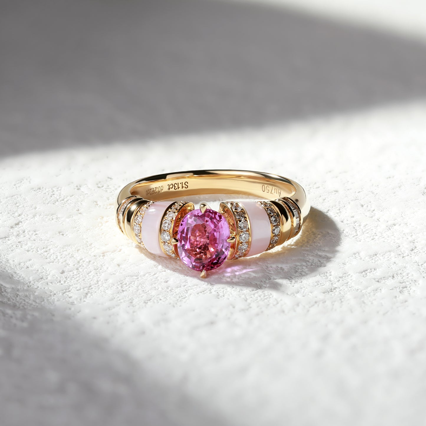 18K Gold Pink Sapphire Ring with Baguette Diamond