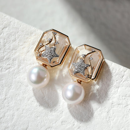 18K Gold Pearl Earrings with Diamond