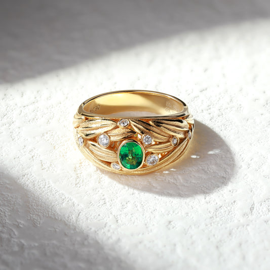 18K Gold Sandblasted Gold Ring with Emerald