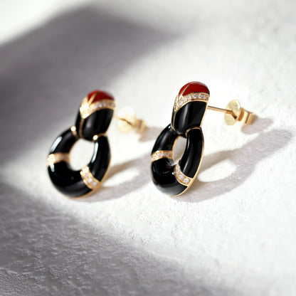 18K Gold Black Agate Earrings with Diamond