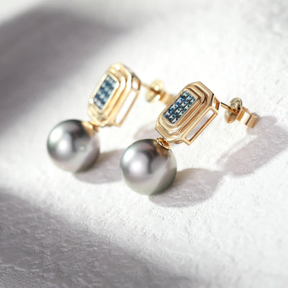 18K Gold Tahitian Pearls Earrings with Sapphire