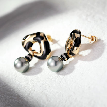 18K Gold 9mm Tahitian Pearls Earrings with Diamond