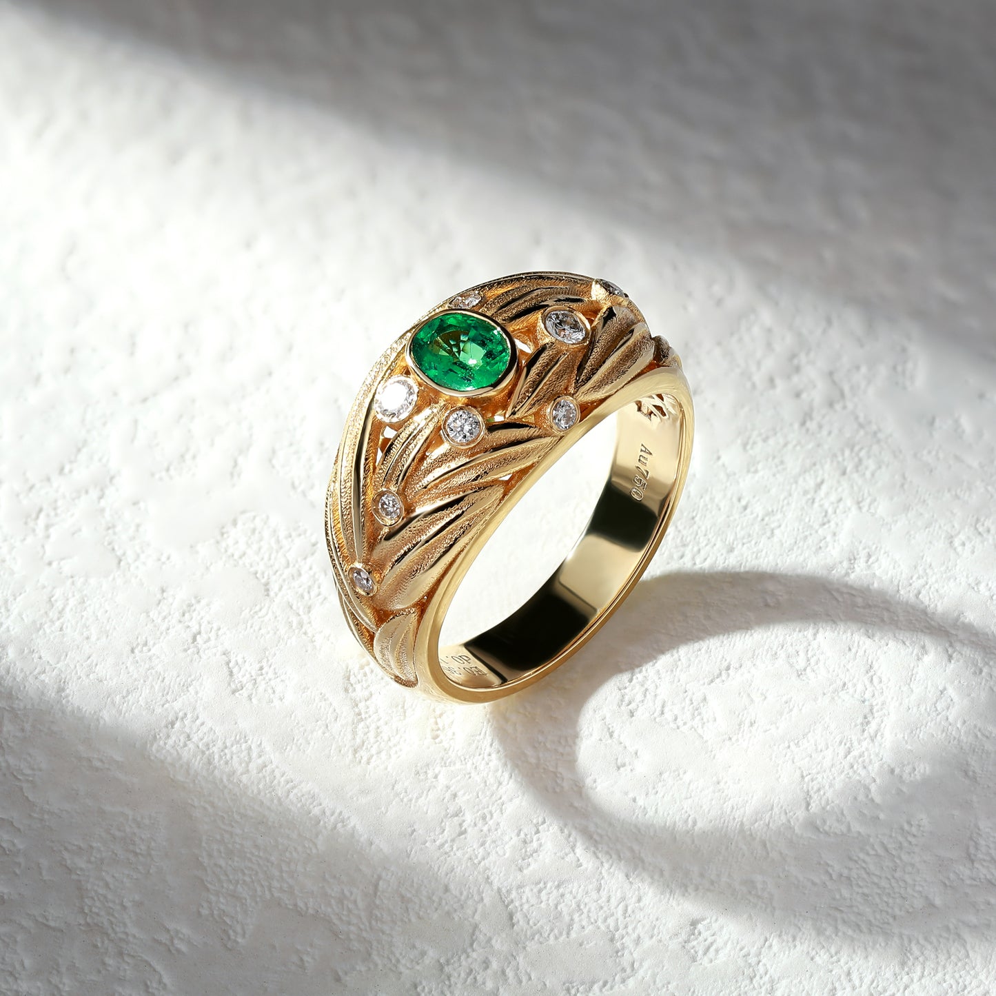 18K Gold Sandblasted Gold Ring with Emerald