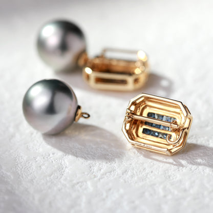 18K Gold Tahitian Pearls Earrings with Sapphire