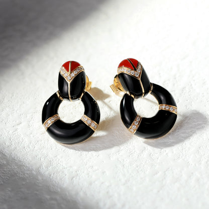 18K Gold Black Agate Earrings with Diamond