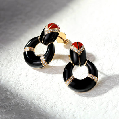 18K Gold Black Agate Earrings with Diamond