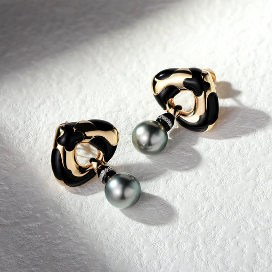 18K Gold 9mm Tahitian Pearls Earrings with Diamond