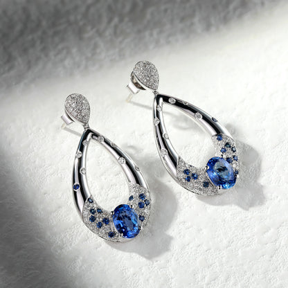 18K Gold Royal Blue Sapphire Earrings with Diamond