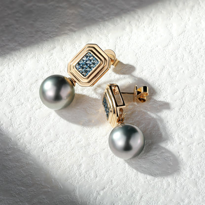 18K Gold Tahitian Pearls Earrings with Sapphire