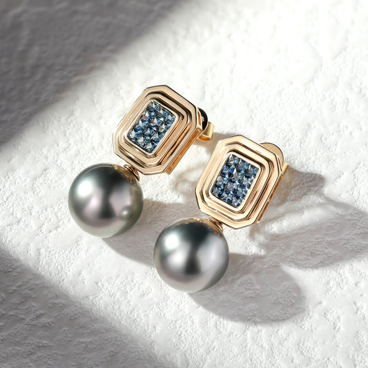 18K Gold Tahitian Pearls Earrings with Sapphire