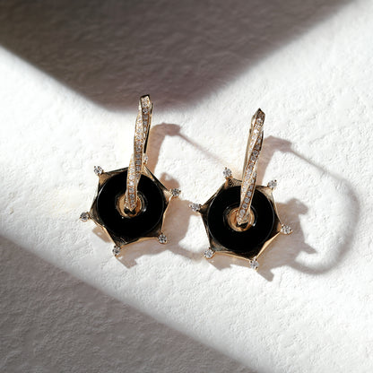 18K Gold Black Agate Earrings with Diamond