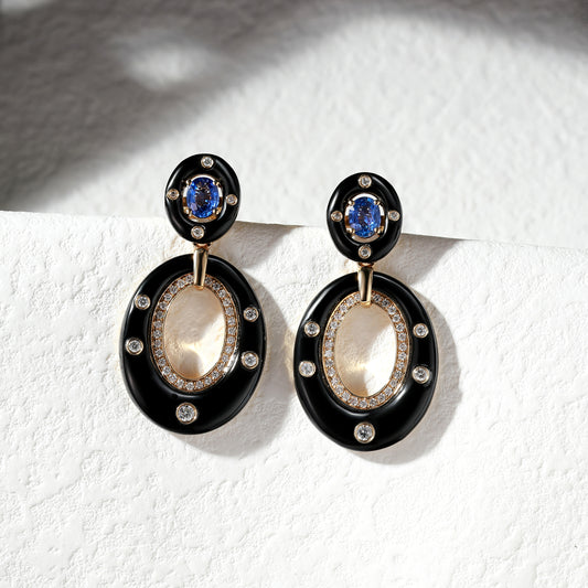 18K Gold Black Agate Earrings with Sapphire