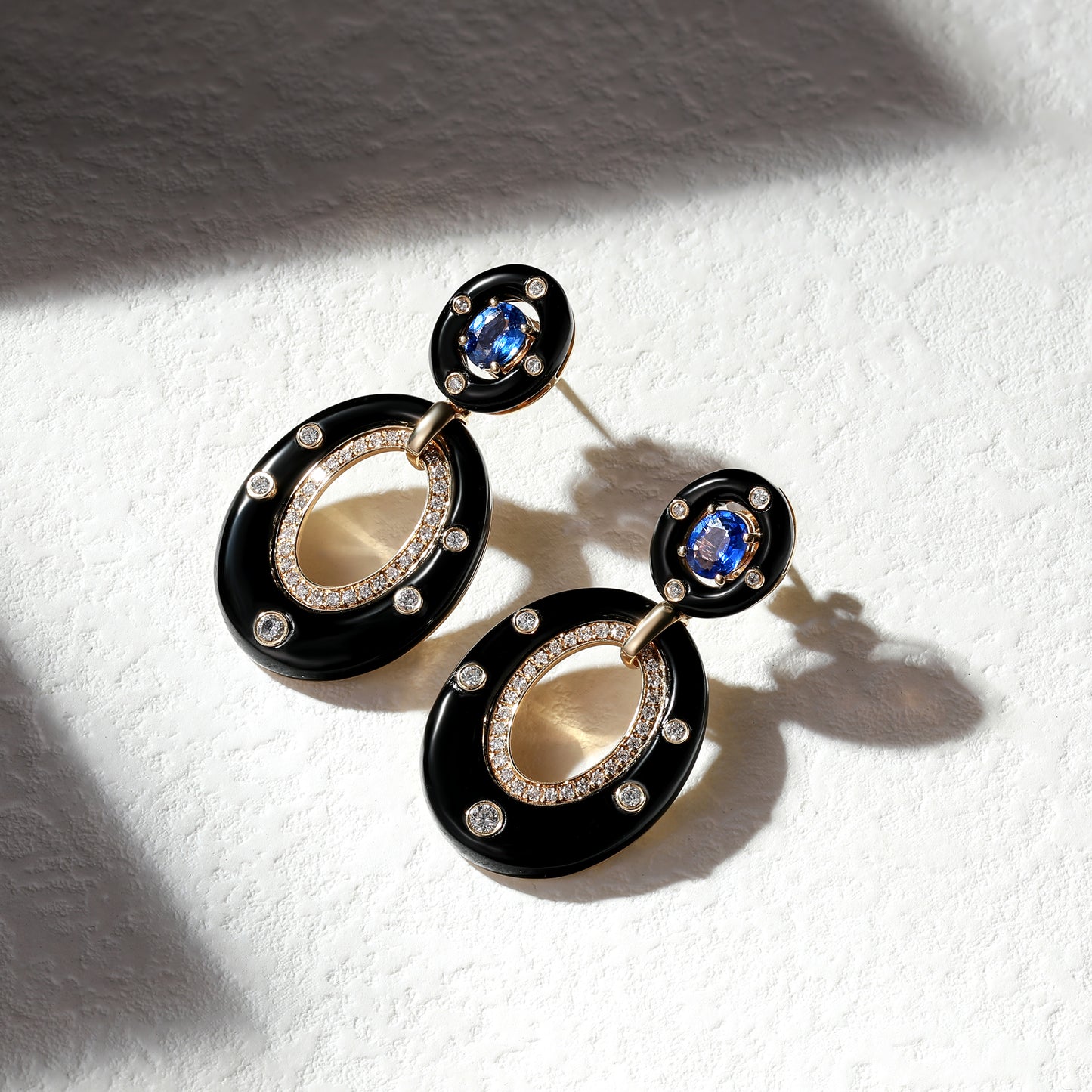 18K Gold Black Agate Earrings with Sapphire