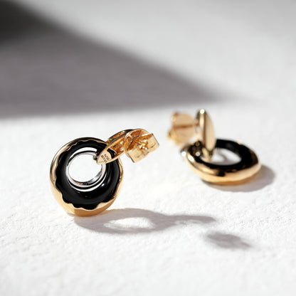 18K Gold Black Agate Earrings with Diamond