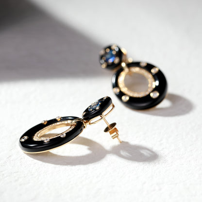 18K Gold Black Agate Earrings with Sapphire