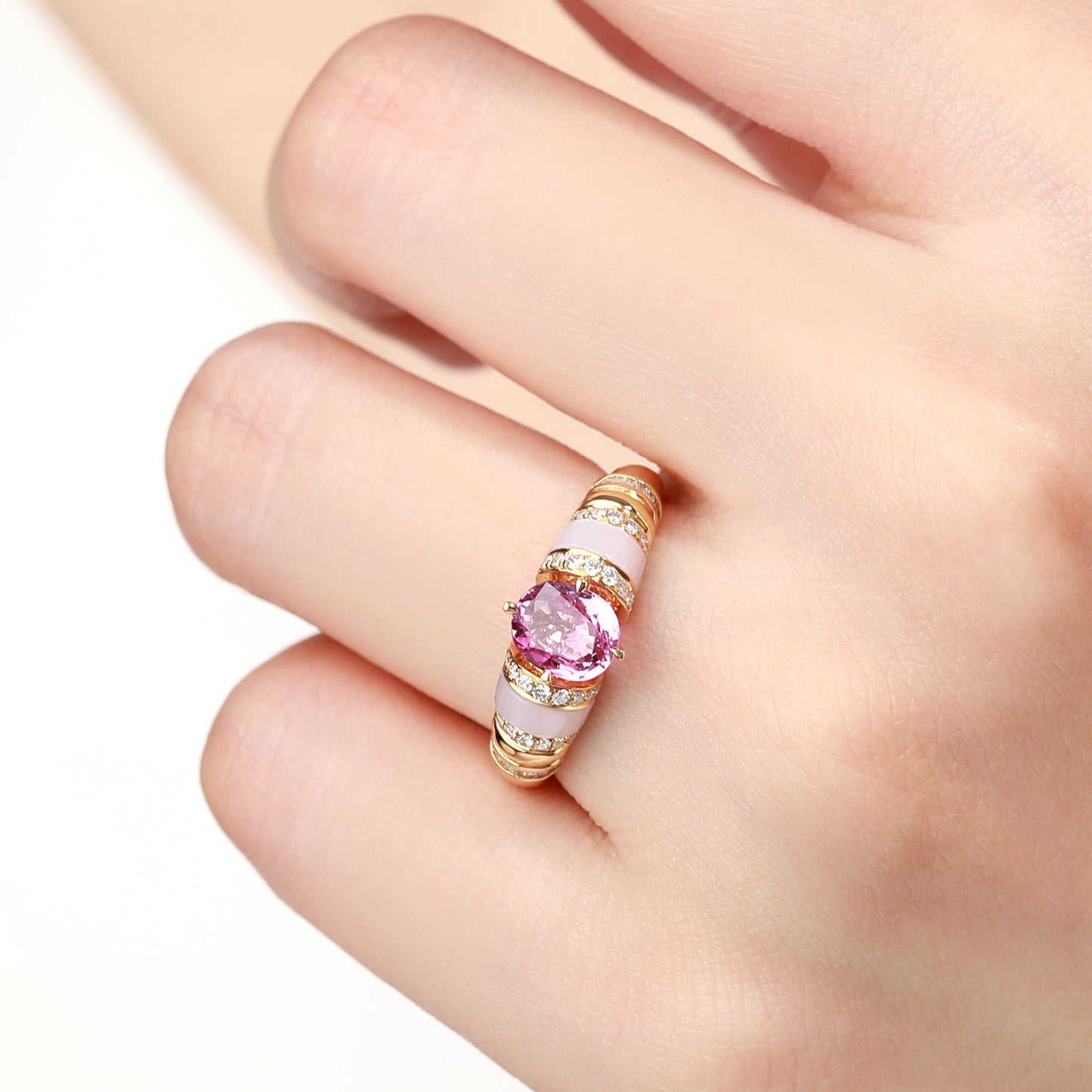 18K Gold Pink Sapphire Ring with Baguette Diamond