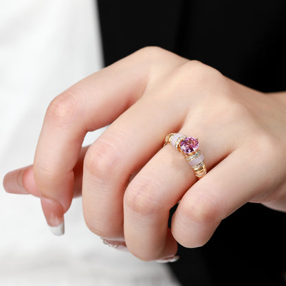 18K Gold Pink Sapphire Ring with Baguette Diamond