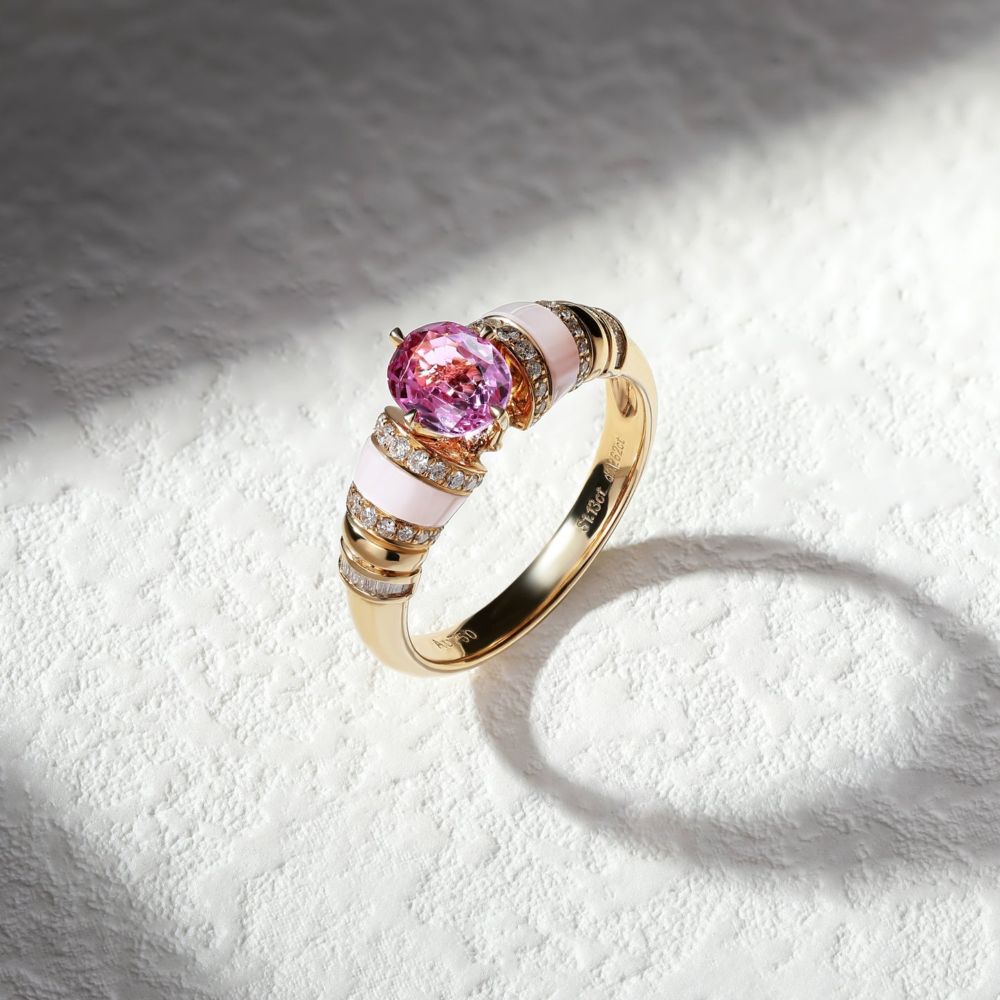 18K Gold Pink Sapphire Ring with Baguette Diamond