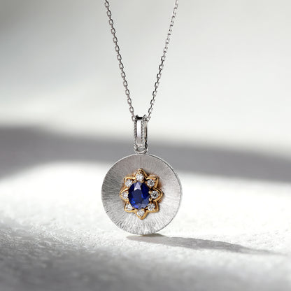 18K Gold Royal Blue Sapphire Pendant Necklace with Diamond