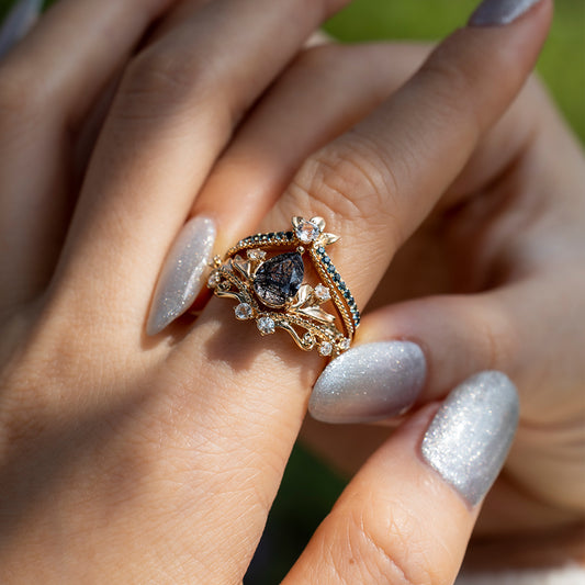 Moss Agate and Teal Sapphire Stacking Ring Set