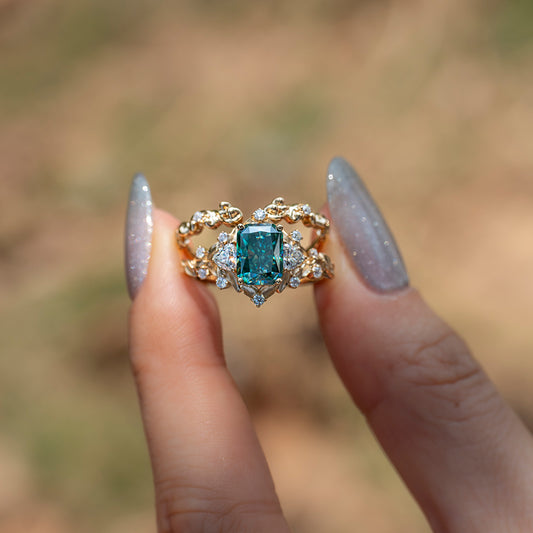 Teal Blue Moissanite Stacking Ring Set