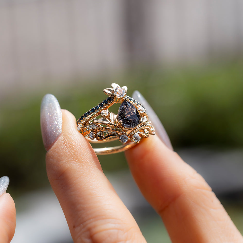 Moss Agate and Teal Sapphire Stacking Ring Set