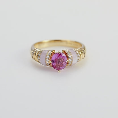 18K Gold Pink Sapphire Ring with Baguette Diamond