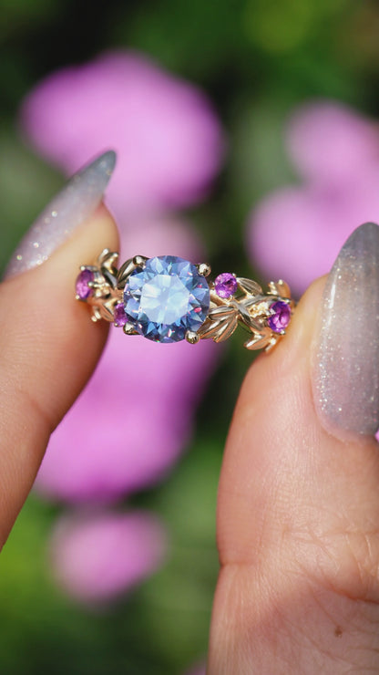 Gray Round with Amethyst Moissanite Ring