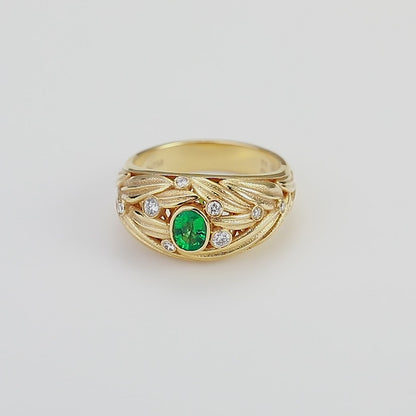 18K Gold Sandblasted Gold Ring with Emerald