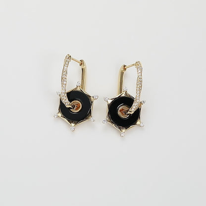 18K Gold Black Agate Earrings with Diamond