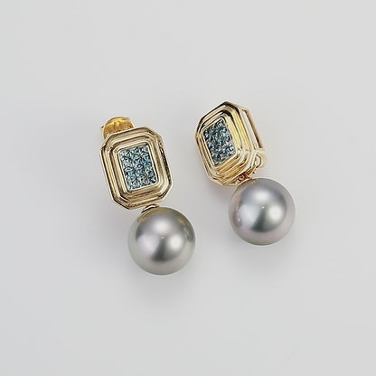 18K Gold Tahitian Pearls Earrings with Sapphire