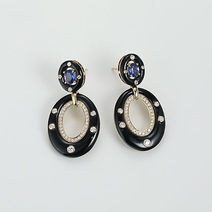 18K Gold Black Agate Earrings with Sapphire